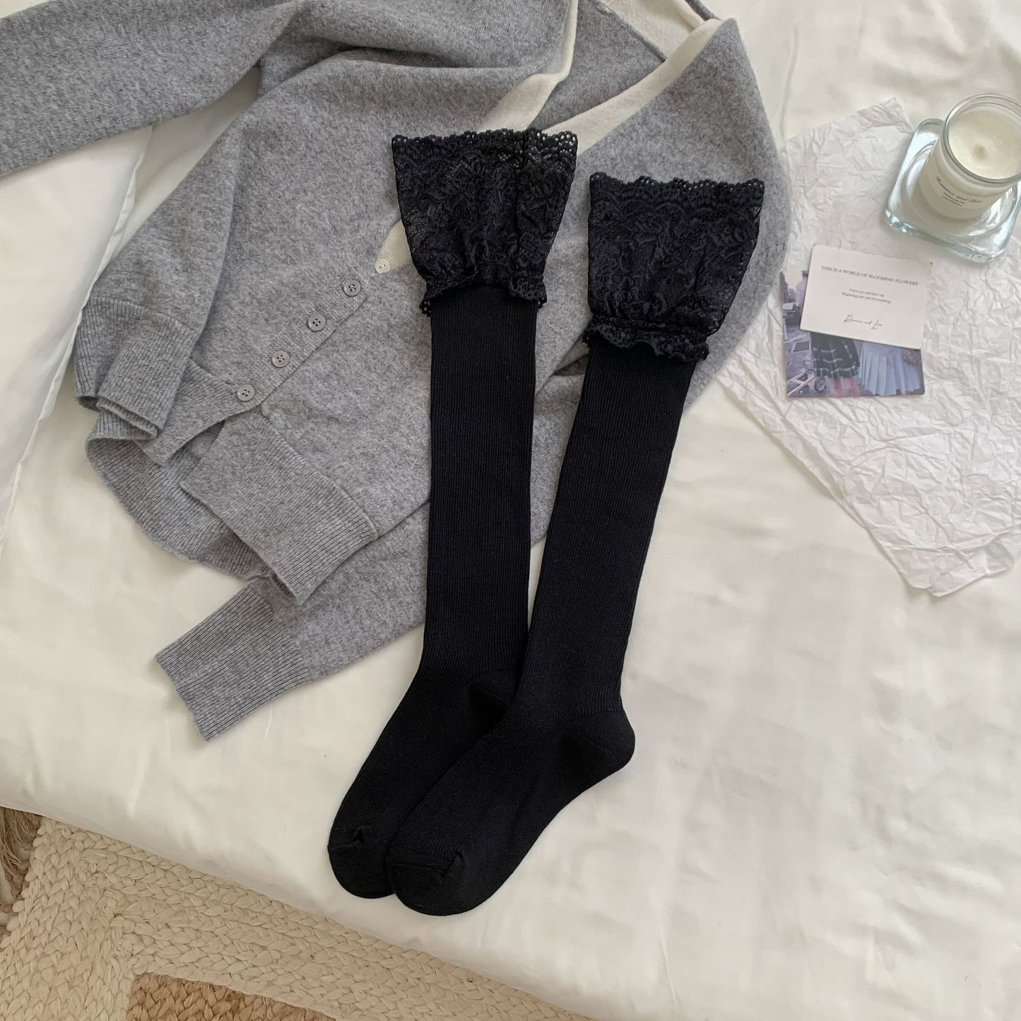 Women's Cotton Calf Socks with Lace Trim & Bow Detail