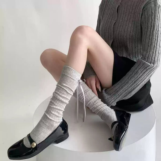 Women's Cotton Mid-Calf Socks with Side Ribbon Detail
