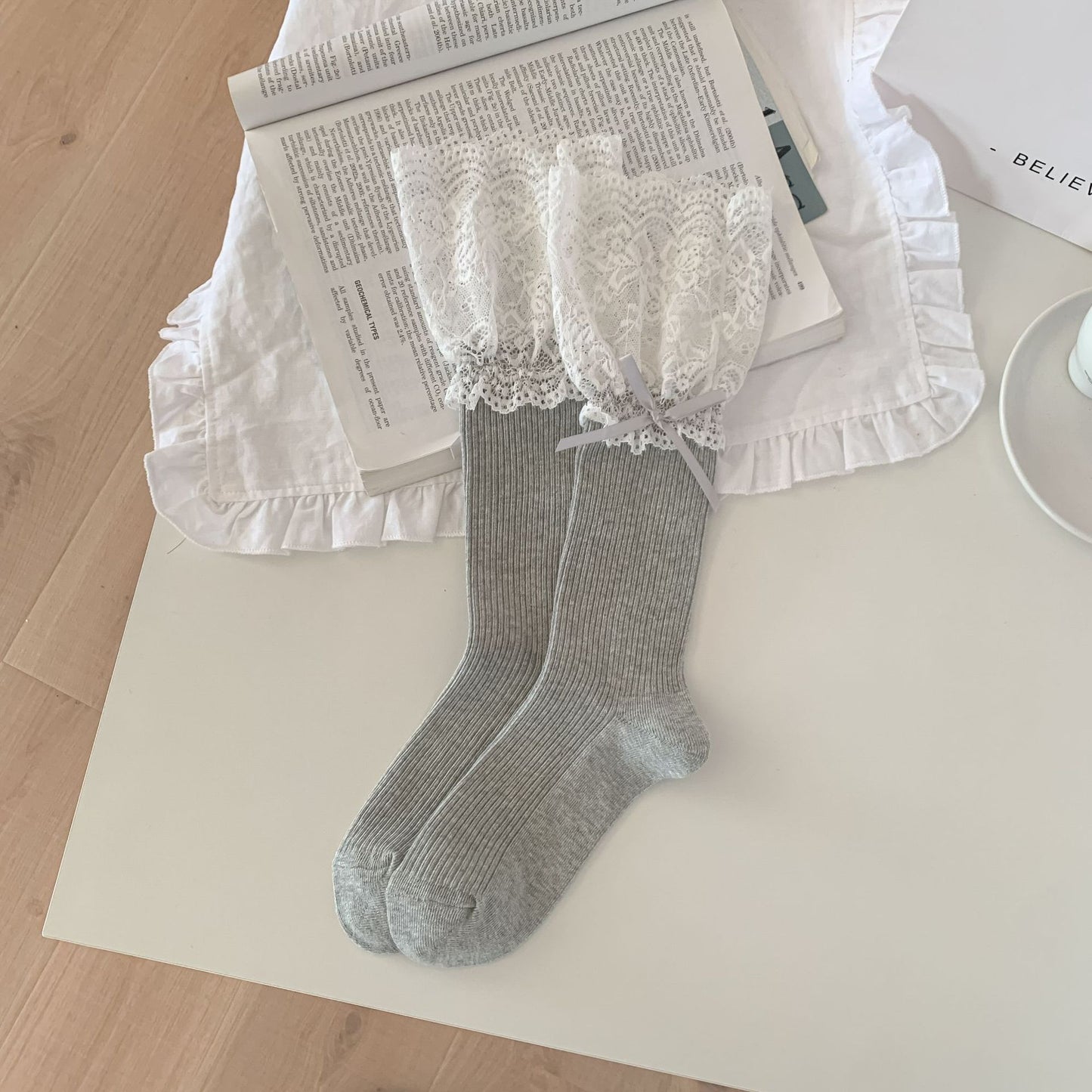 Women's Cotton Calf Socks with Lace Trim & Bow Detail