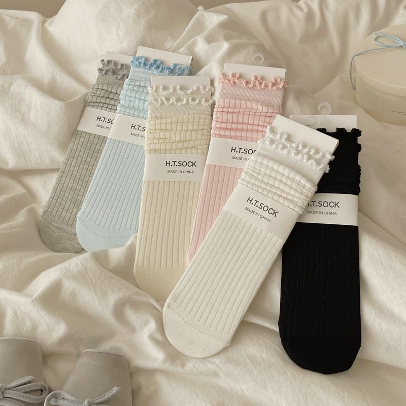 Women's Cotton Mid-Calf Ruffled Ribbed Casual Socks