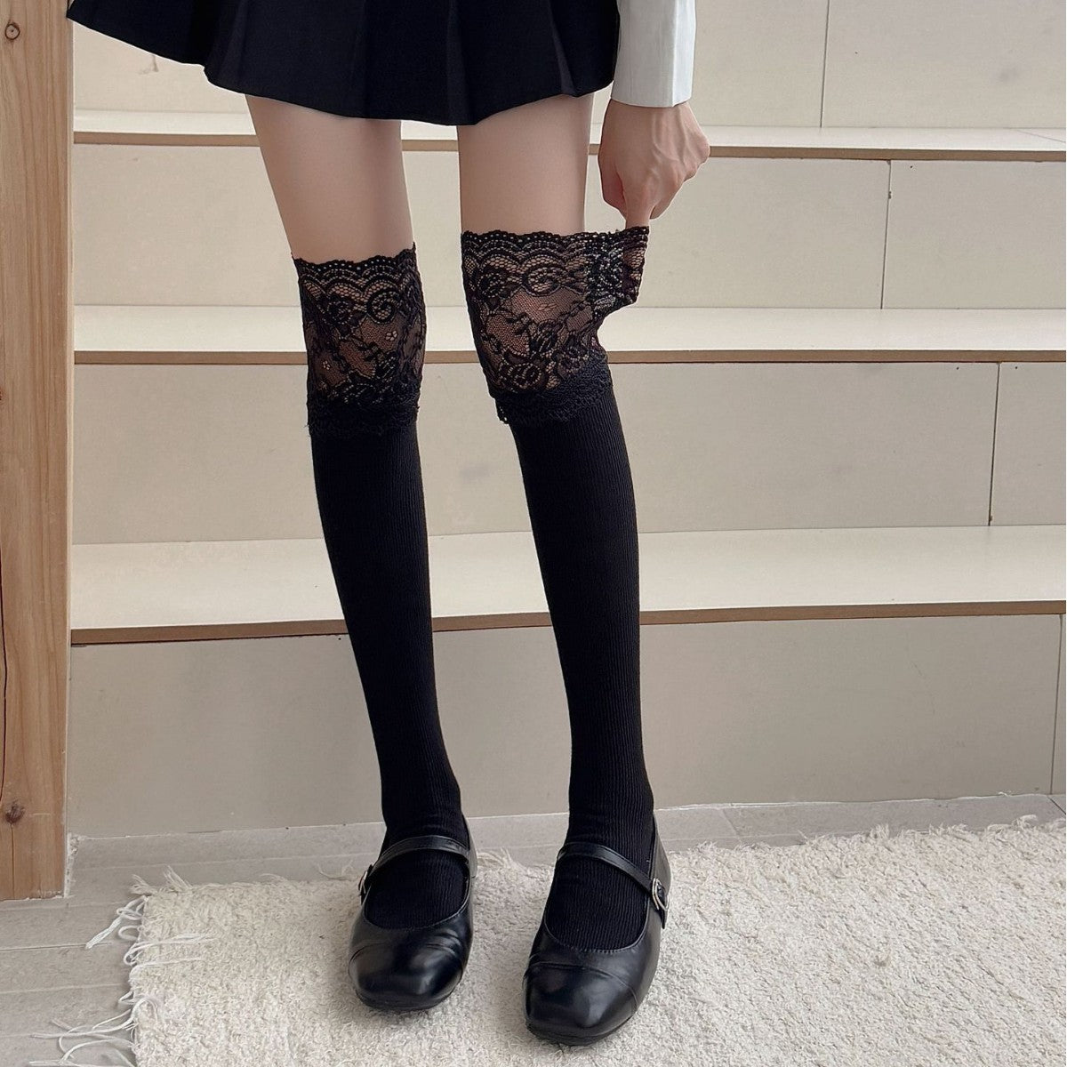Women's Cotton Calf Socks with Lace Trim & Bow Detail