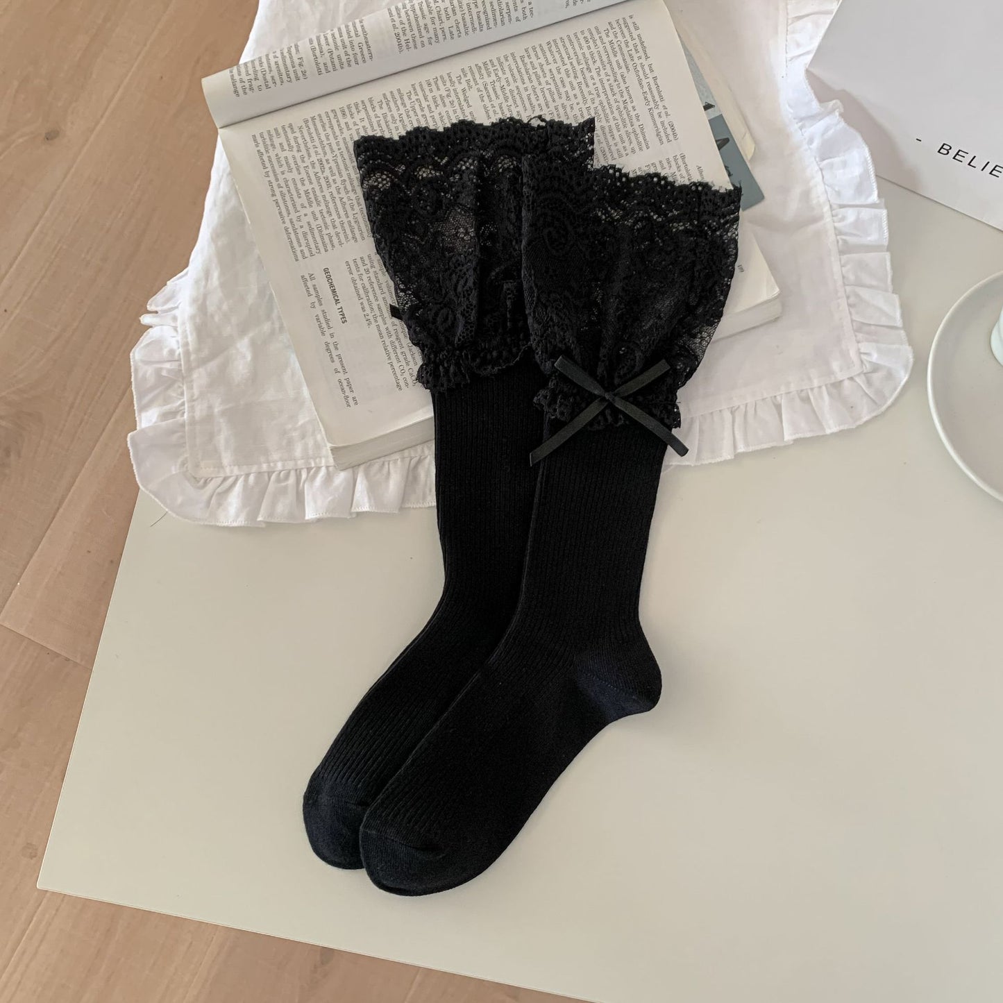 Women's Cotton Calf Socks with Lace Trim & Bow Detail