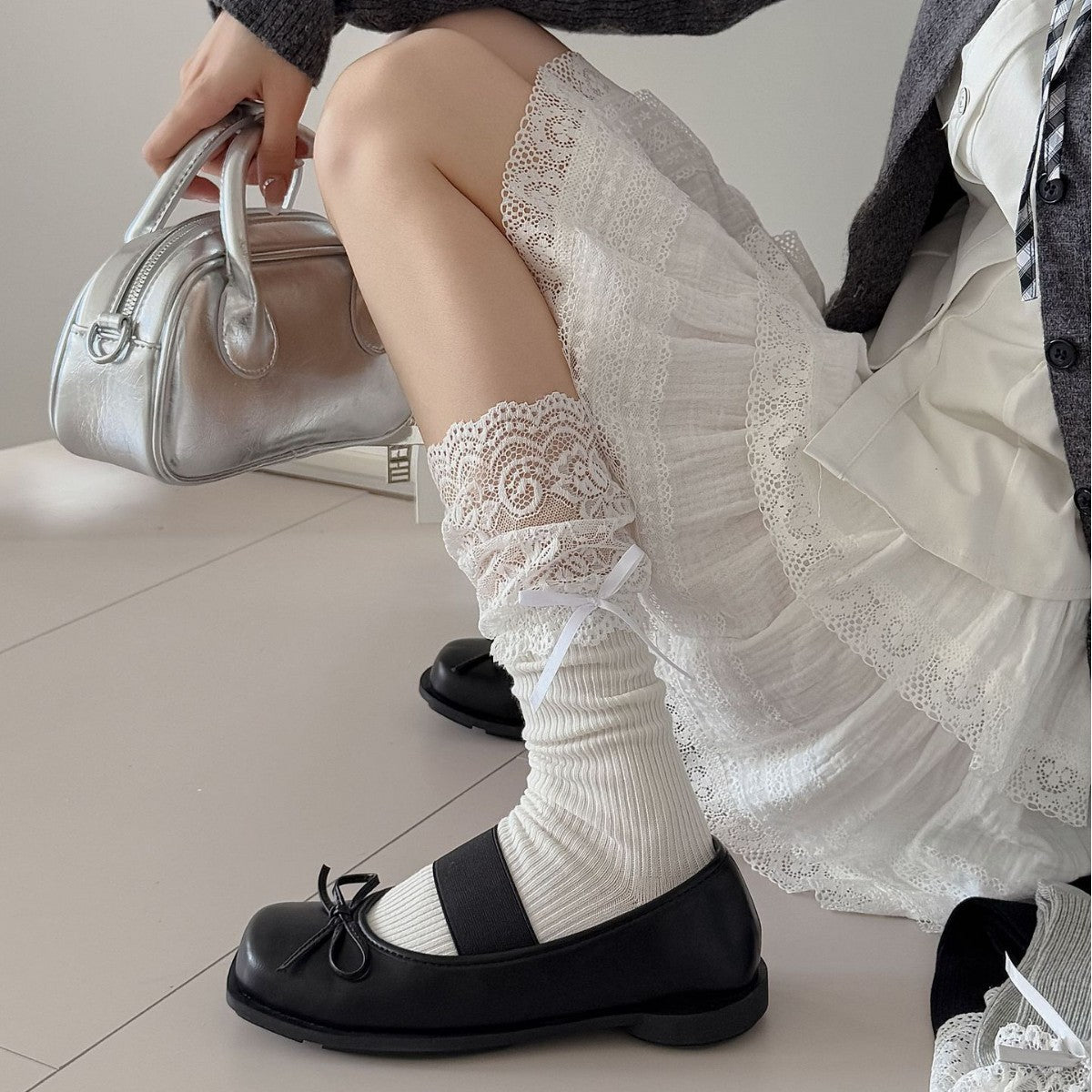 Women's Cotton Calf Socks with Lace Trim & Bow Detail