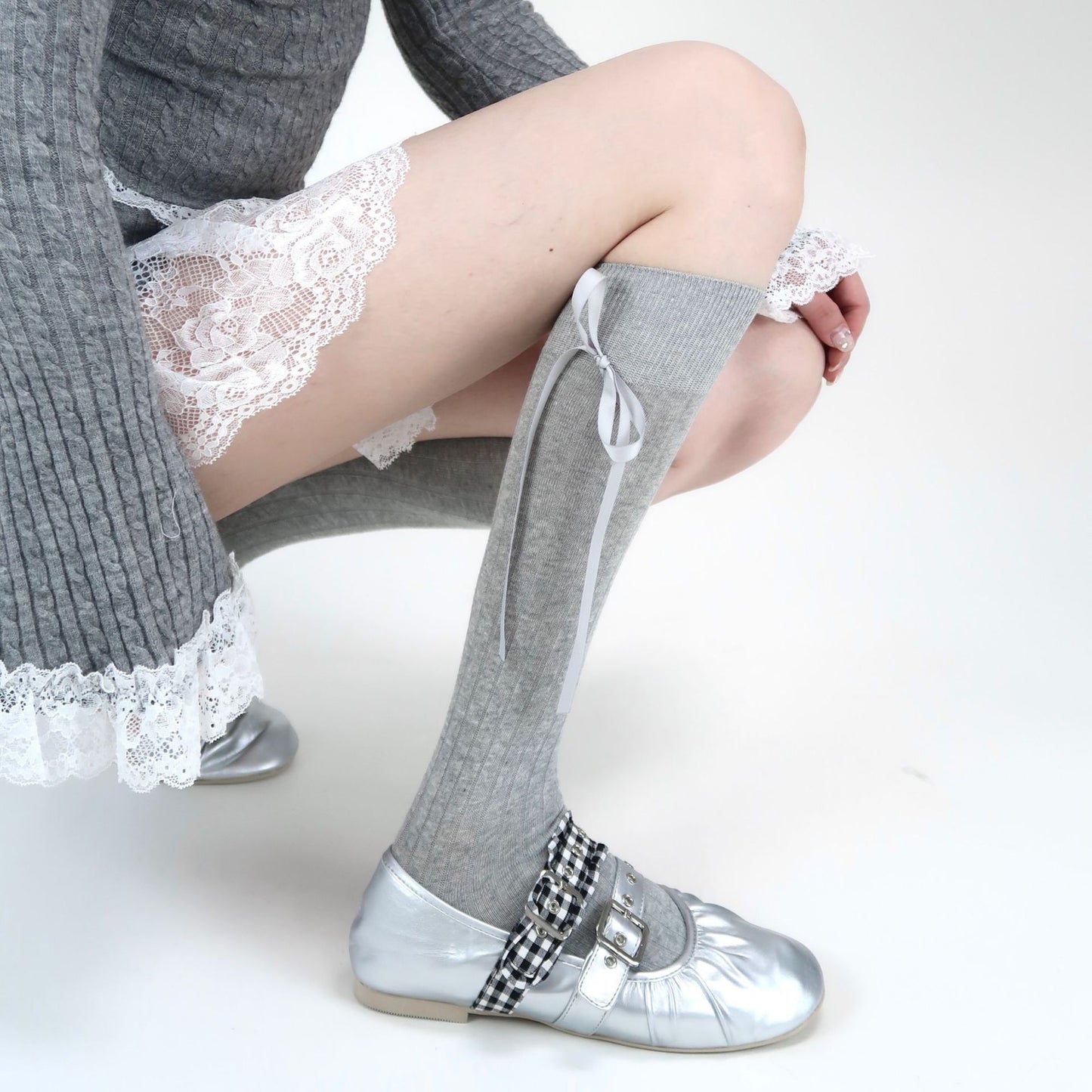 Women's Cotton Mid-Calf Socks with Side Ribbon Detail