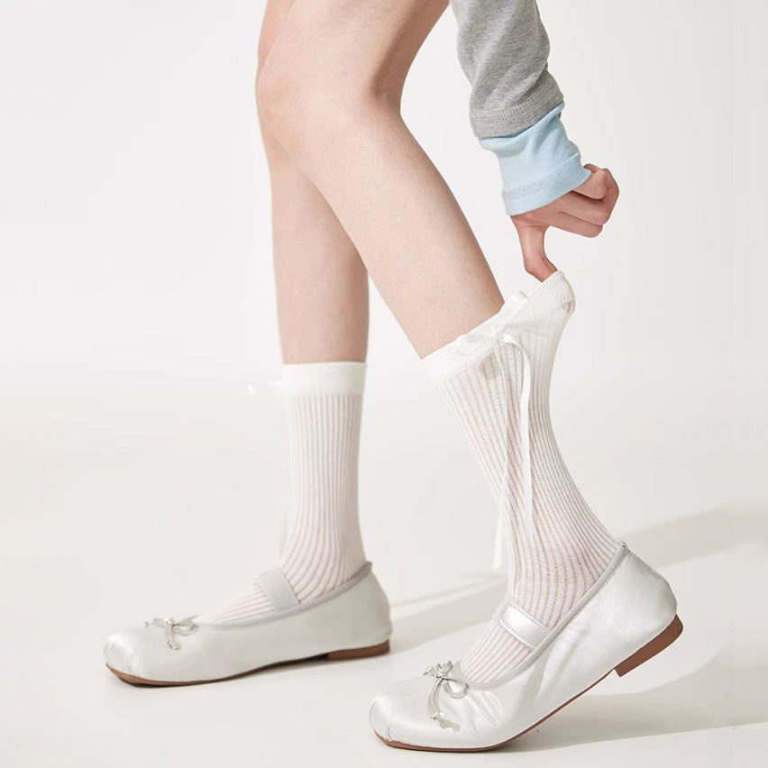 Women's Cotton Mid-Calf Socks with Side Ribbon Detail