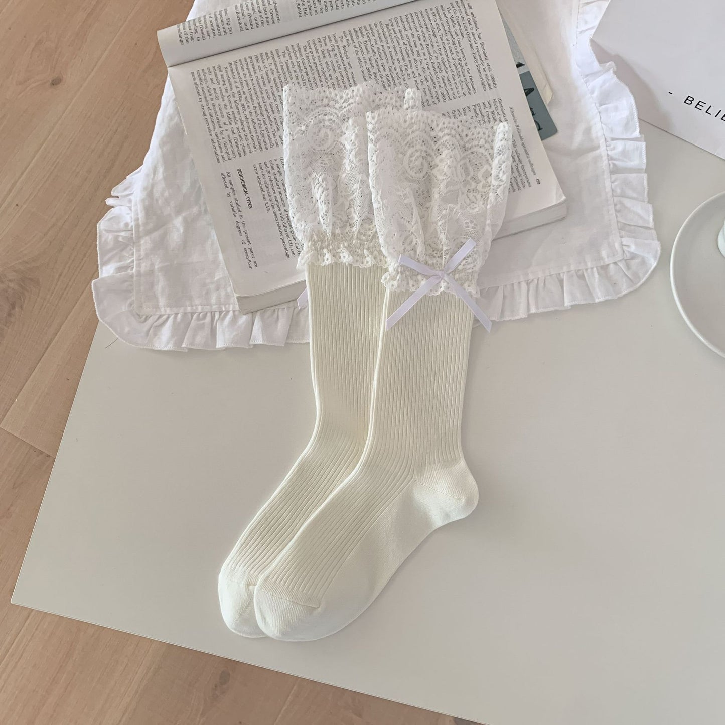 Women's Cotton Calf Socks with Lace Trim & Bow Detail