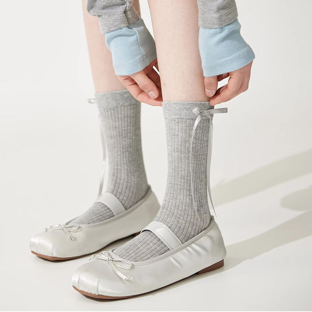 Women's Cotton Mid-Calf Socks with Side Ribbon Detail