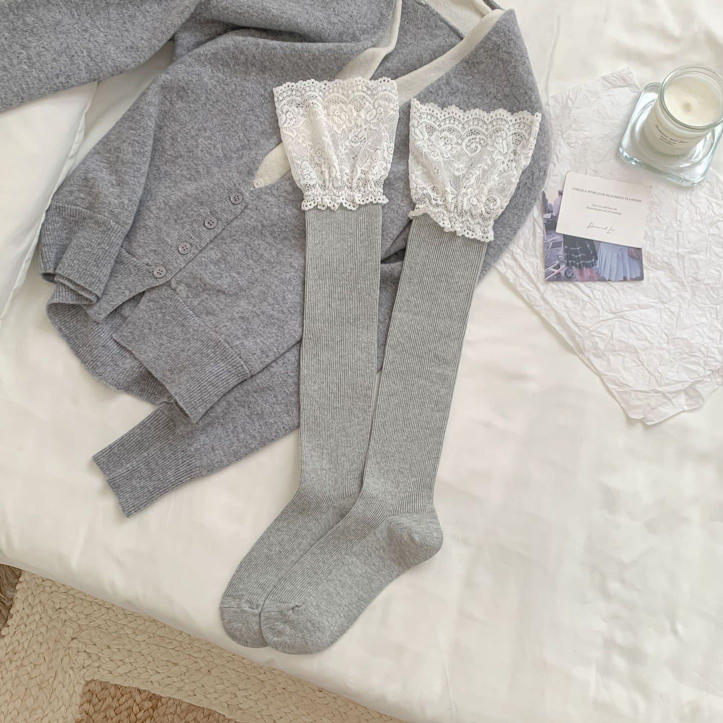 Women's Cotton Calf Socks with Lace Trim & Bow Detail